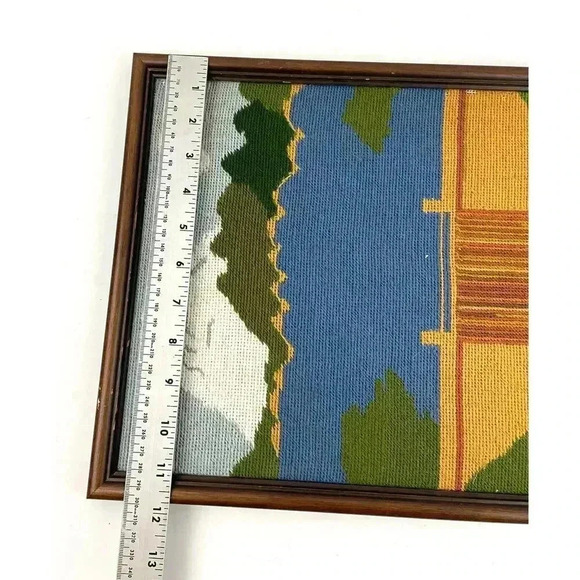 VTG Three Shastas Dam CA Needlepoint Embroidered MCM Fiber Art 12"x16" Framed - Picture 5 of 15